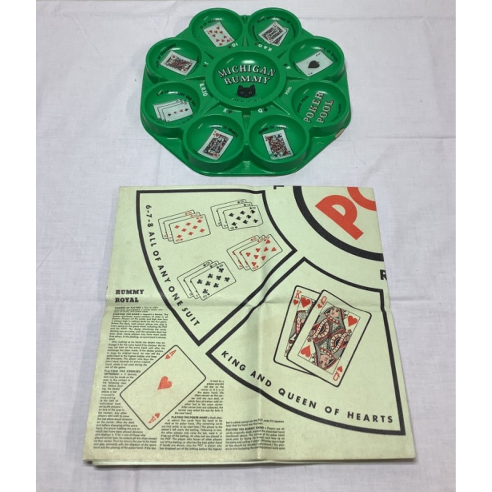 Vintage Green Plastic Michigan Rummy Game Board and Plastic Sheet